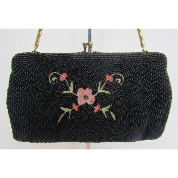 Dormar Purse Vintage Hand Made Belgium Black Beaded Embroidered Floral Kiss Lock - Picture 4 of 7